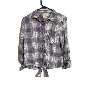 NWT Harper Gray and White Plaid Button-Up with Tie Detail